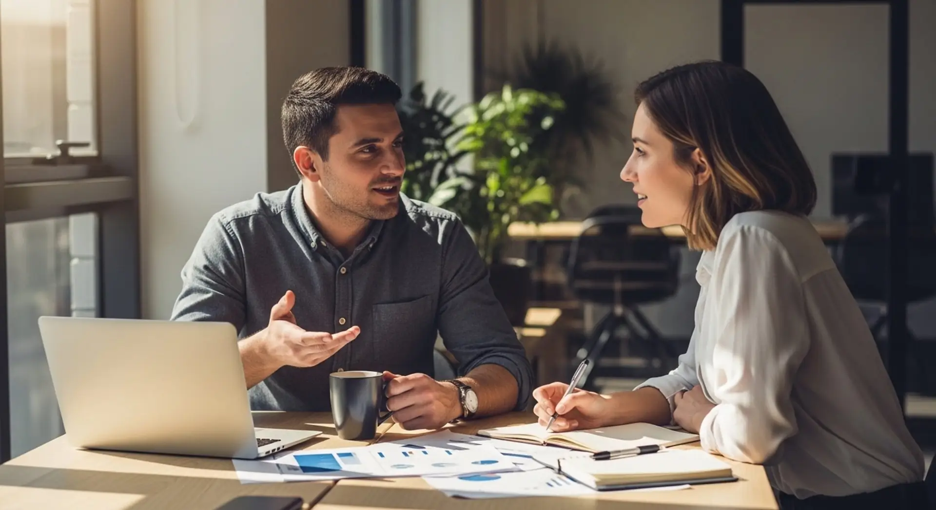 Business consultation at a shared desk